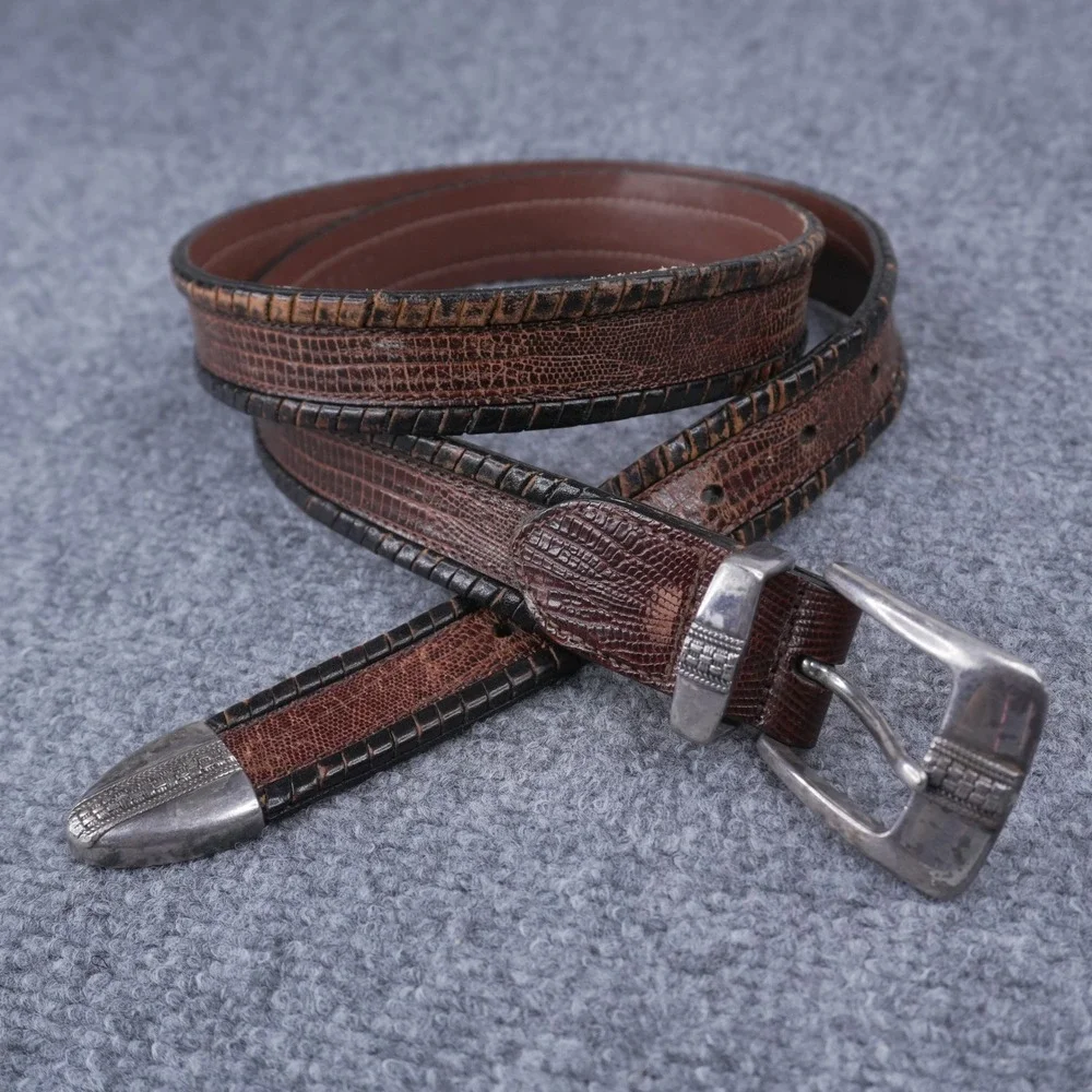 Embossed Lizard Belt Mens 36 Brown Western Silver Tip Buckle Genuine Leather